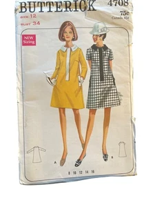 Vestidos Butterick Costura Años 60 Patrón Talla 12 Línea A Bolsillos Bordados en Contraste De Colección - Imagen 1 de 6