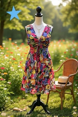 Vestido Donna Ricco Seda Gasa Vintage Y2K Negro Multicolor Floral Sin Mangas 6 Foto 1 de 4