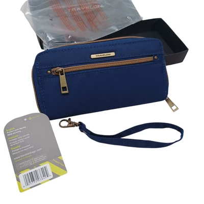 Carteira Travelon Safe ID RFID bloqueio zíper ao redor com alça de pulso azul marinho NOVA - Imagem 1 de 4