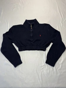 Polo Ralph Lauren Strick 1/4 Zip Pullover Blau Little Pony Cropped Damen L Y2K - Bild 1 von 6