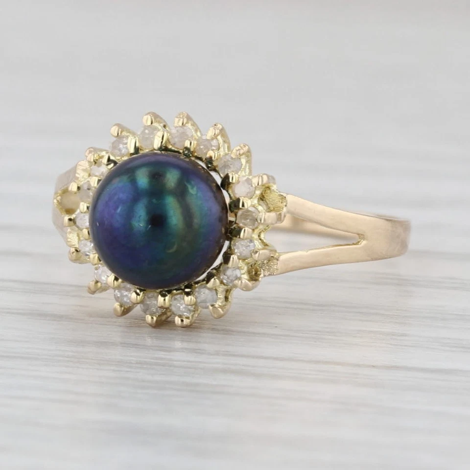 Anillo con halo de diamantes de perlas cultivadas negras de 7 mm de oro amarillo de 14 k talla 7 Foto 1 de 4