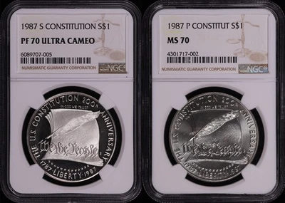 1987-P&S Constitution Silver Dollar Commemorative Set NGC MS-70 & PF-70 UC - Image 1 of 2