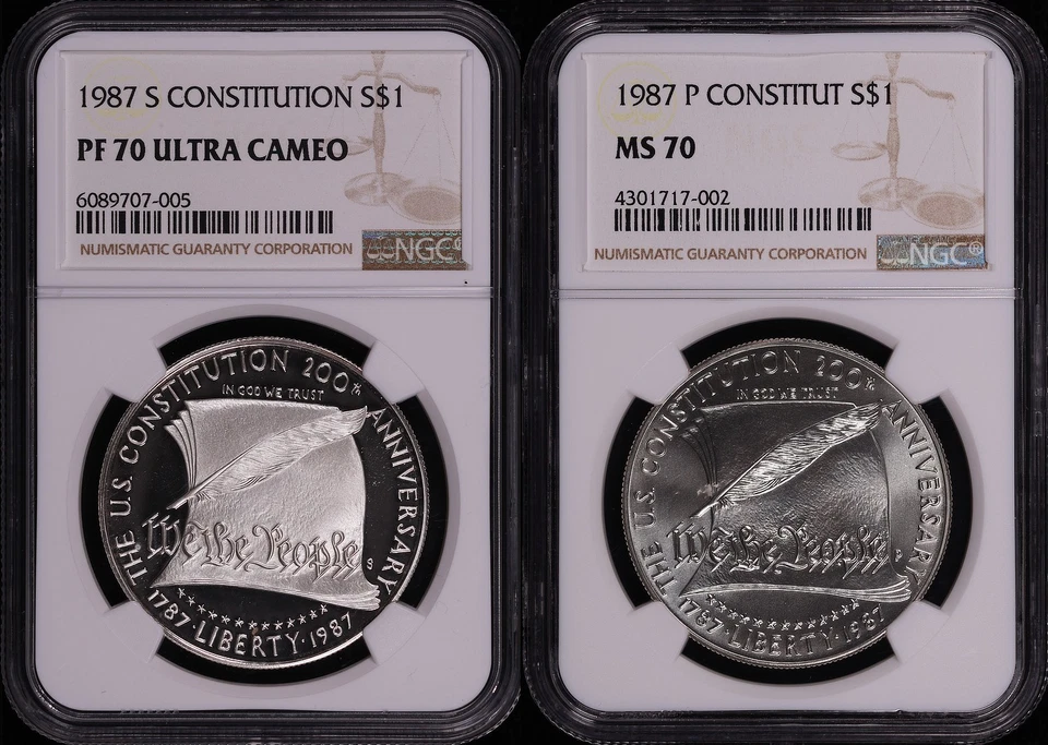 1987-P&S Constitution Silver Dollar Commemorative Set NGC MS-70 & PF-70 UC - Image 1 of 2