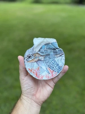 Turtle Trinket Dish, Jewelry Holder Oyster Shell Decoupage Art Ocean Decor - Image 1 of 4