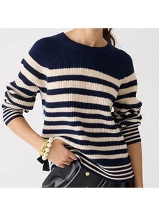 Suéter J.Crew Talla S Acanalado Cachemira Gran Tamaño Cuello Redondo Crema Mantequilla Rayas Azul Marino - Imagen 1 de 8