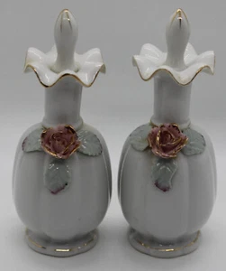 2 VINTAGE JAPAN PORCELAIN GOLD TRIMMED APPLIED ROSES CRUETS - Picture 1 of 3