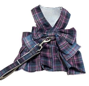 NEW Small Pet Dog Plaid Bow Skirt Dress Clothes Puppy Cat Harness Pet Leash Set - Picture 1 of 4