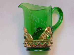Antique EAPG US Glass Colorado Lacy Medallion Green Creamer Pitcher FRANCES 4" - Picture 1 of 12