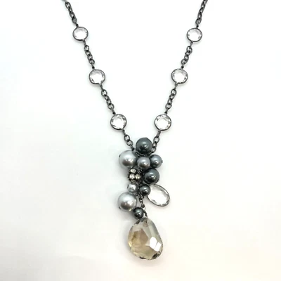 Dark Silver Toned Faux Grey Pearl & Crystal Long Layering Necklace 33" Inch - Image 1 of 2