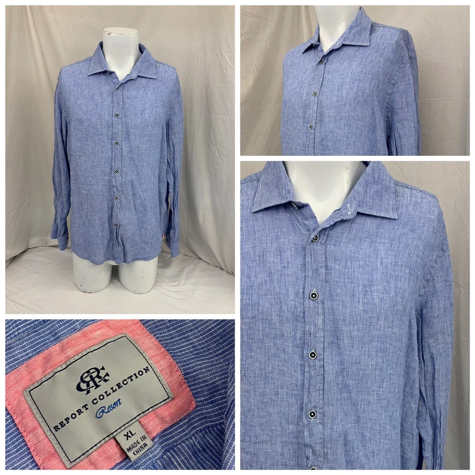Camisa Report Collection Puño Abatible XL Azul Rayas 100% Lino Resort YGI Q1-122 Foto 1 de 4