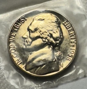1958 Jefferson Nickel GEM PROOF 5c U.S Coin in Original Cello. Bx 13.246 - Picture 1 of 2