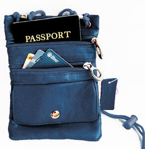 Blue Leather Travel Cross Body Bag Passport Neck Pouch String Purse 