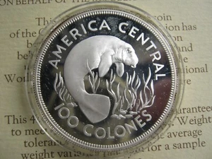 Costa Rica 1974 Conservation series Sterling silver Proof 100 Colones Manatee - Picture 1 of 3