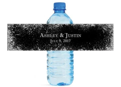 Silver Glitter On Black Wedding Anniversary Engagement Party Water Bottle labels - Image 1 of 4