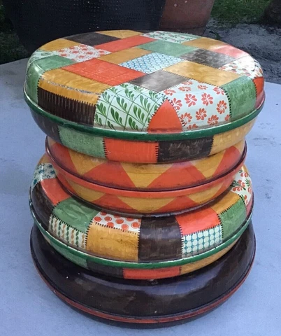 Vintage Italian Tole Metal Hand Painted Stacked Pillows Form  Accent Table Cover