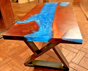 Made To Order Blue Epoxy Resin Wood Table Top For Kitchen Dinning Hall - Picture 1 of 5