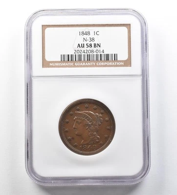 1848 Braided Hair Large Cent N-38 AU58 BN NGC *3449 - Image 1 of 3
