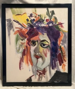 Vintage 1959 Original Painting Woman with Hat Signed M Mange Expressionist - Picture 1 of 5