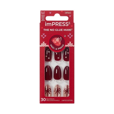 KISS 30 ImPRESS ON NAILS Christmas Holiday "Wrap Me Up" Med Burgund Almond New - Image 1 of 4