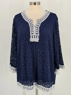 Alfred Dunner 3X Túnica de Encaje Azul Marino con Borde Blanco y Flecos Forrados Resort Cruise Wear Foto 1 de 4