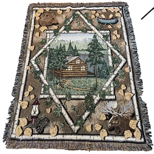 Log Cabin Throw Woven Tapestry Blanket Bear Moose Canoe Cabin Rustic Camping - Imagen 1 de 10