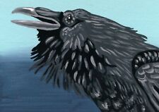 ACEO ATC Original Miniature Painting Raven Crow Bird Wildlife Art-C. Smale
