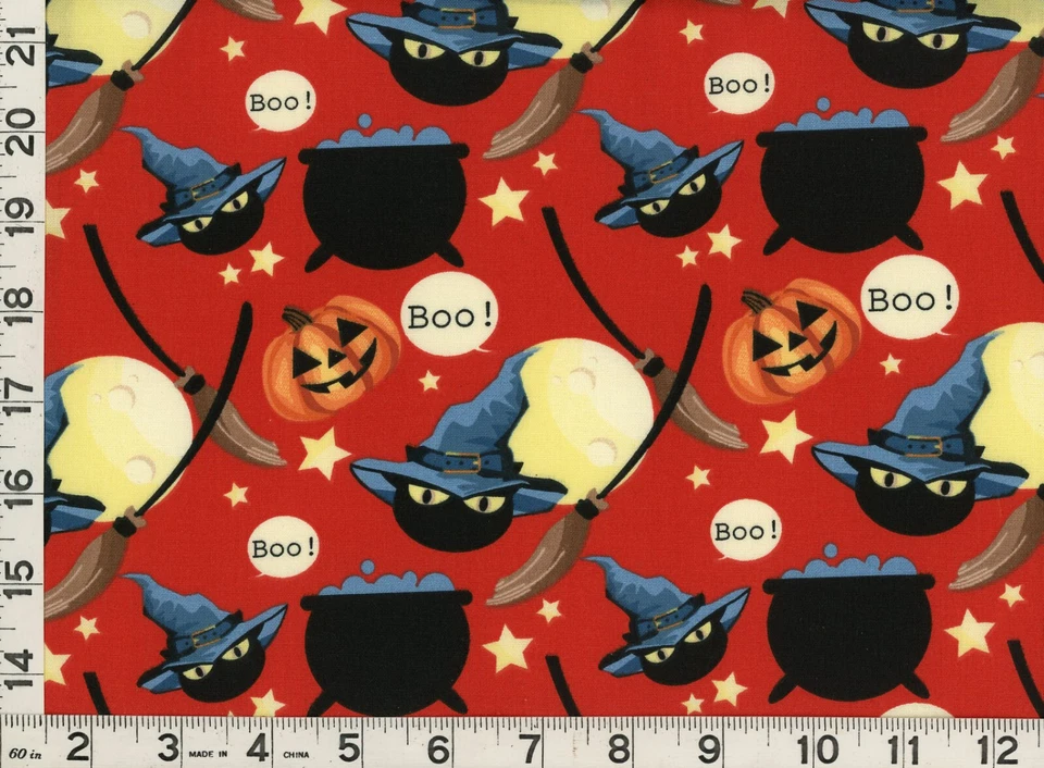Jack-O-Lanterns 女巫深红色万圣节绗缝缝纫织物按码 #253 — 第 1/1 张图片