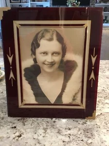 Vintage Art Deco Geometric Reverse Painted Burgundy White Gold Corners Frame - Picture 1 of 11