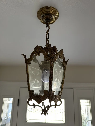 Vintage Light Fixture Pendant Hanging 4 Glass Panels Foyer Very Nice! Cover
