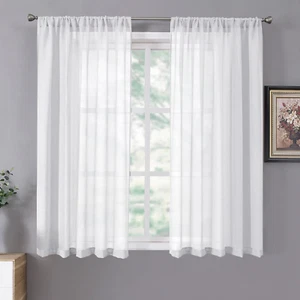 Short Sheer Curtains Linen Textured Bedroom Curtain Sheers Light Filtering Rod P - Picture 1 of 12