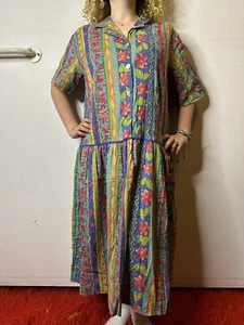 Vintage Australian Evana 80s Shirt Dress Cotton Floral Drop Waist 14 Clowncore - Picture 1 of 9