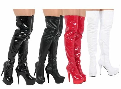Sexy Thigh-High PVC Boots – High Platform Stiletto Heels Full Zip UK Sizes 3–8 - Image 1 of 4