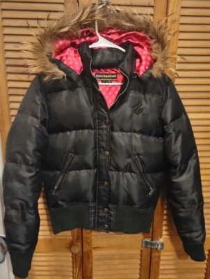 Rocawear Y2K Puffer Bomber Jacket Vintage Black/Pink W/ Raccoon Fur Hood  - Image 1 of 4