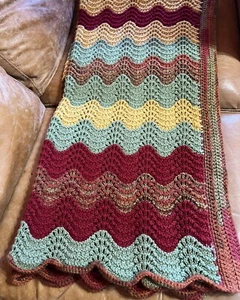 UNIQUE ZigZag RIPPLE Chevron Afghan Throw Blanket Crochet 36x66 SOFT EARTHTONES - Picture 1 of 8