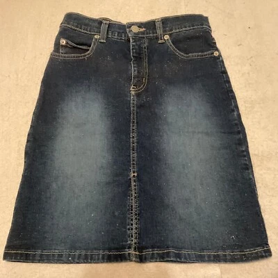 Rave Girl Jean Skirt Sz 12 Blue Sparkle Belt Loops KickPleat Double Stitch 5Pock - Image 1 of 4