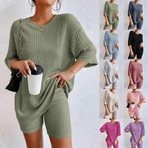 Conjunto informal de 2 piezas de ropa de salón para mujeres chándal acanalado suelto verano Prendas para el torso Pantalones cortos - Imagen 1 de 29