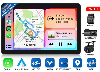 10.95" Car Stereo Android 13 QLED Touchscreen GPS 4G LTE Wireless CarPlay Radio - Image 1 of 4