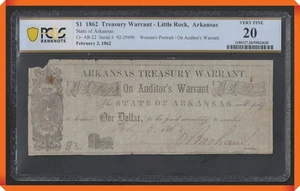 KC- 1862 $1 Treasury Warrant Little Rock , Arkansas - VF 20 PCGS Banknote - Picture 1 of 3
