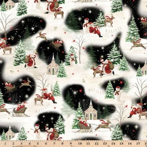 Believe Ecru Scenic Vignettes Santa Reindeer 105815 Cotton Fabric by the half yd - Picture 1 of 4