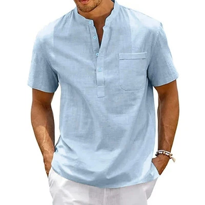 2025 Mens Cotton Linen Henley Shirt Short Sleeve Casual Beach T Shirt Solid Top - Image 1 of 4