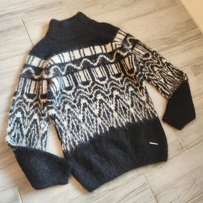 Elie Tahari毛衣女式XS黑色白色Fair Isle羊驼北欧秘鲁制造 — 第 1/4 张图片