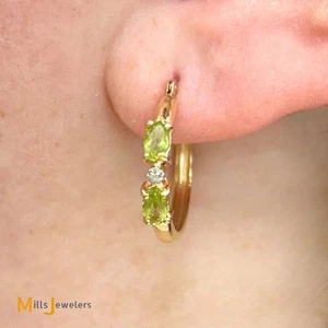 Clyde Duneier 14K Yellow Gold Oval Cut Peridot and 0.01ctw Diamond Hoop Earrings - Picture 1 of 8