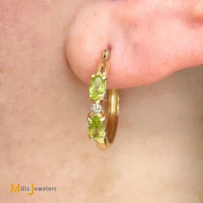 Clyde Duneier 14K Yellow Gold Oval Cut Peridot and 0.01ctw Diamond Hoop Earrings - Image 1 of 4
