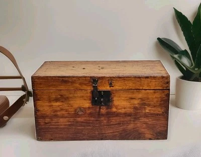 Primitive 1800's Wooden Storage Chest Box w/Skelton Key Lock, Square Nails - Image 1 of 4