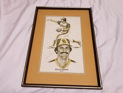 San Diego Padres Rollie Fingers Signed Framed Drawing Print & Game Program - Image 1 of 4