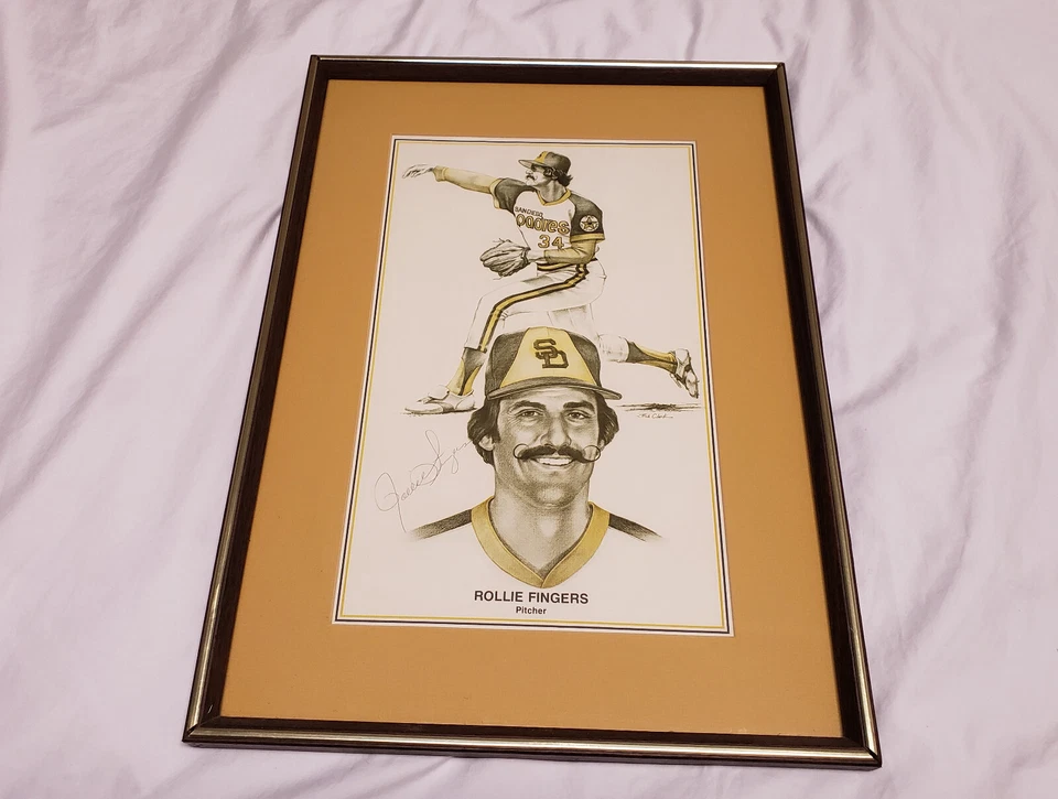 San Diego Padres Rollie Fingers Signed Framed Drawing Print & Game Program - Image 1 of 4