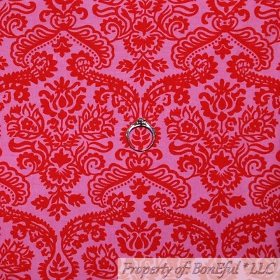 BonEful Fabric FQ Cotton Quilt VTG Pink Red Damask Flower Valentine Holiday Xmas - Image 1 of 4
