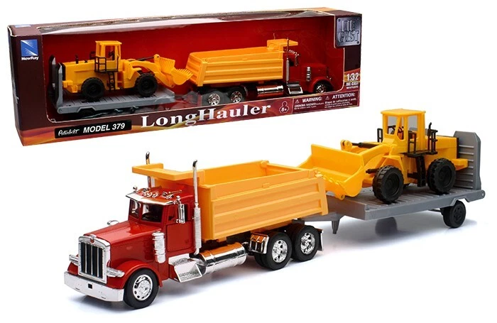 NEW RAY SS-10673 PETERBILT 379 DUMP TRUCK WITH WHEEL LOADER 1/32 RED YELLOW - Image 1 of 1