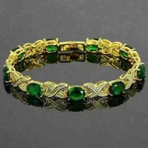 7.00 CT Men's Tennis Bracelet Simulated Emerald Oval Cut 14K Yellow Gold Plated - Picture 1 of 5