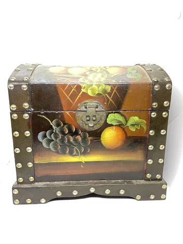 Antique Oil Painted Laquered Still Life Fruit Hobnail Box Small chest Cover
